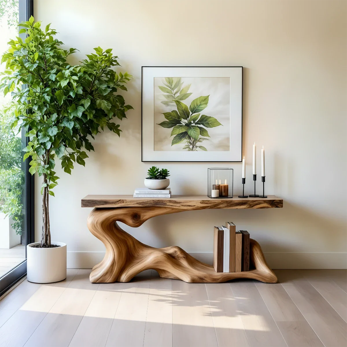 Solid Wood Console Table with Sculpted Wave-Form Base - Rustira