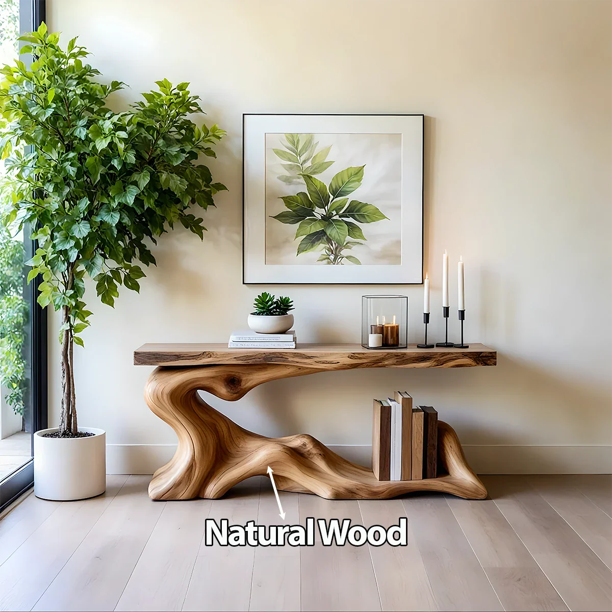 Solid Wood Console Table with Sculpted Wave-Form Base - Rustira