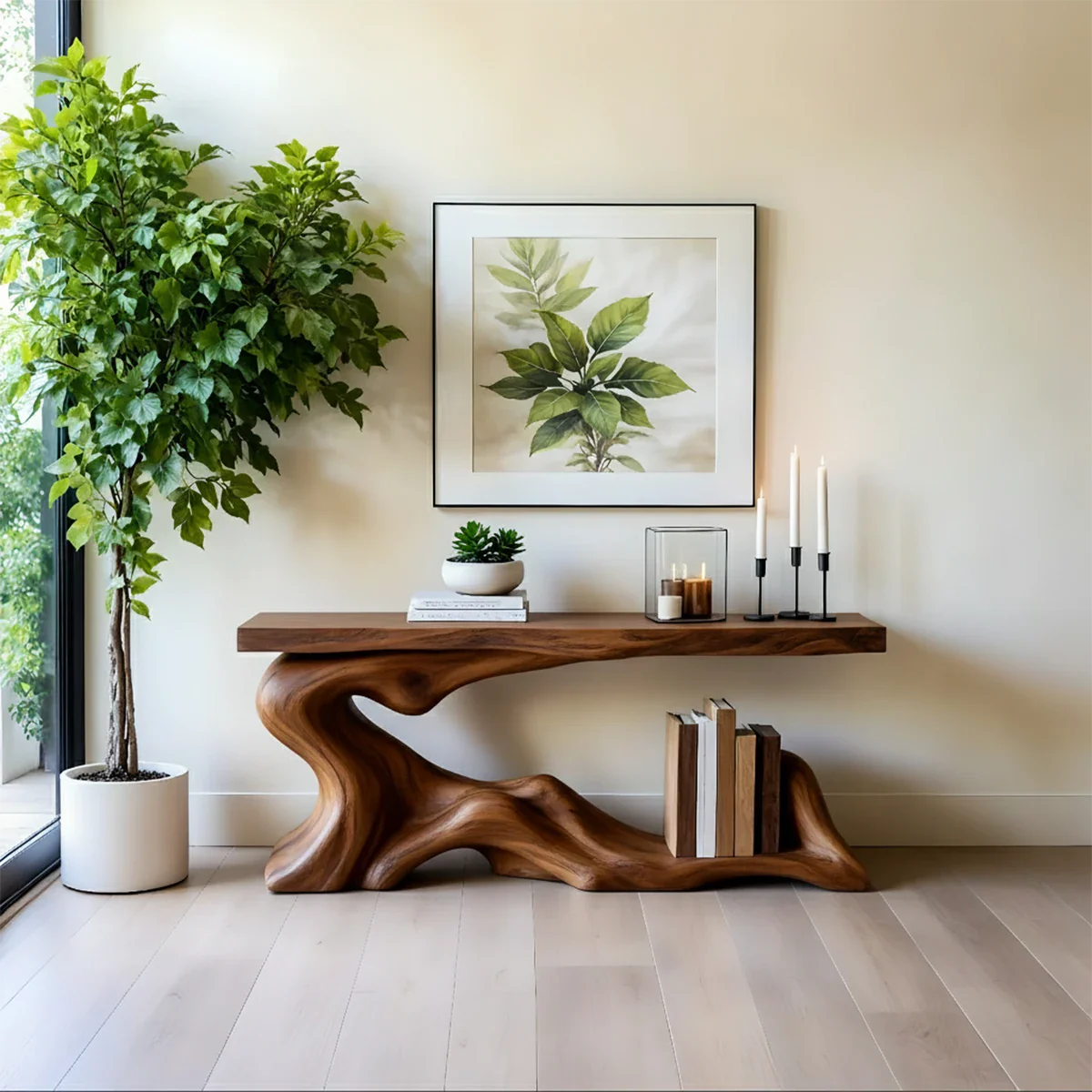 Solid Wood Console Table with Sculpted Wave-Form Base - Rustira