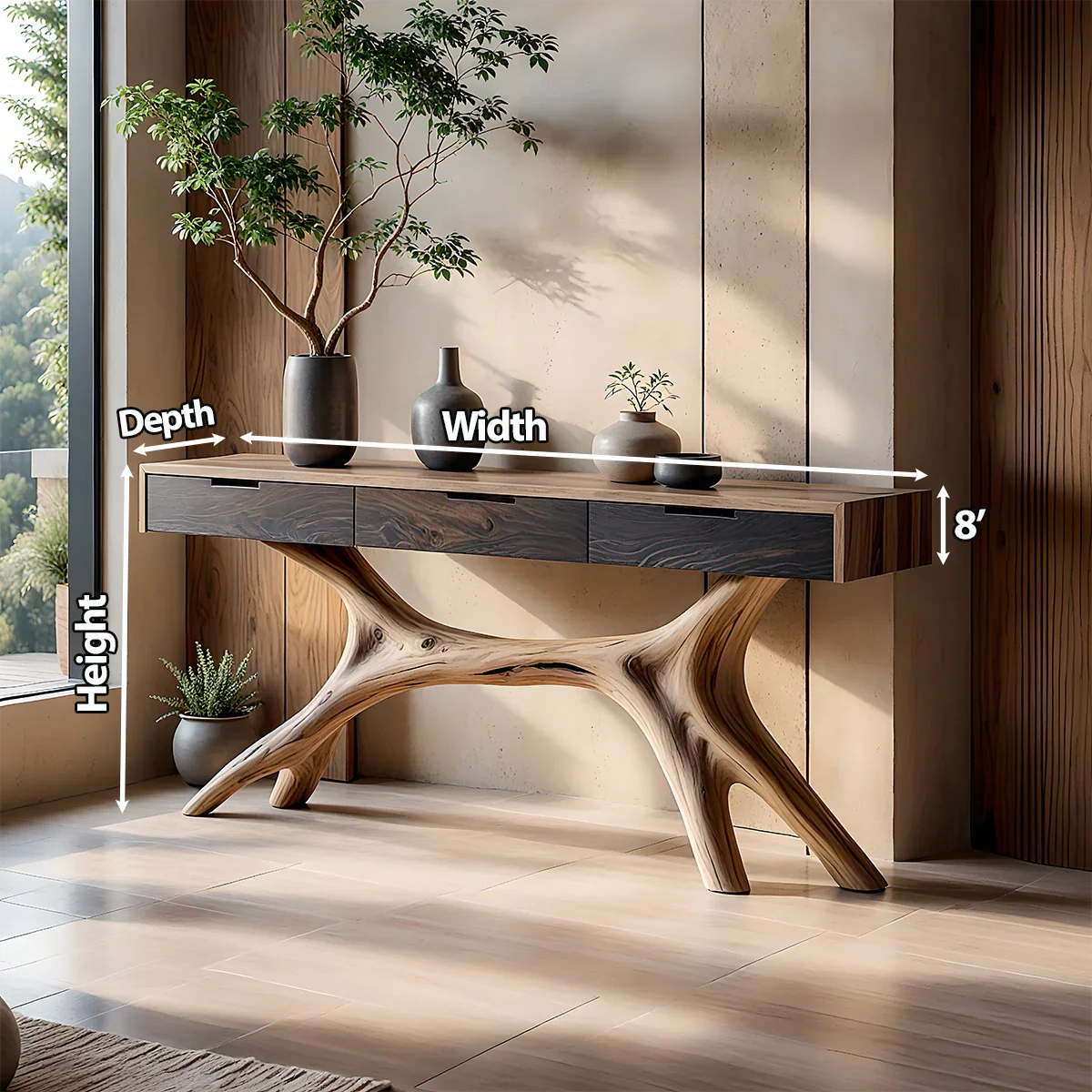 Solid Wood Console Table with Sculptural Branch-Form Base & Drawers - Rustira