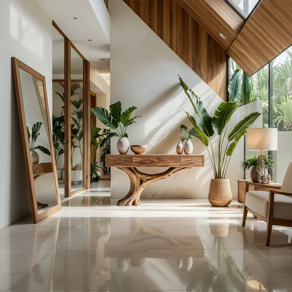 Solid Wood Console Table with Sculptural Tree-Inspired Base & Drawers - Rustira