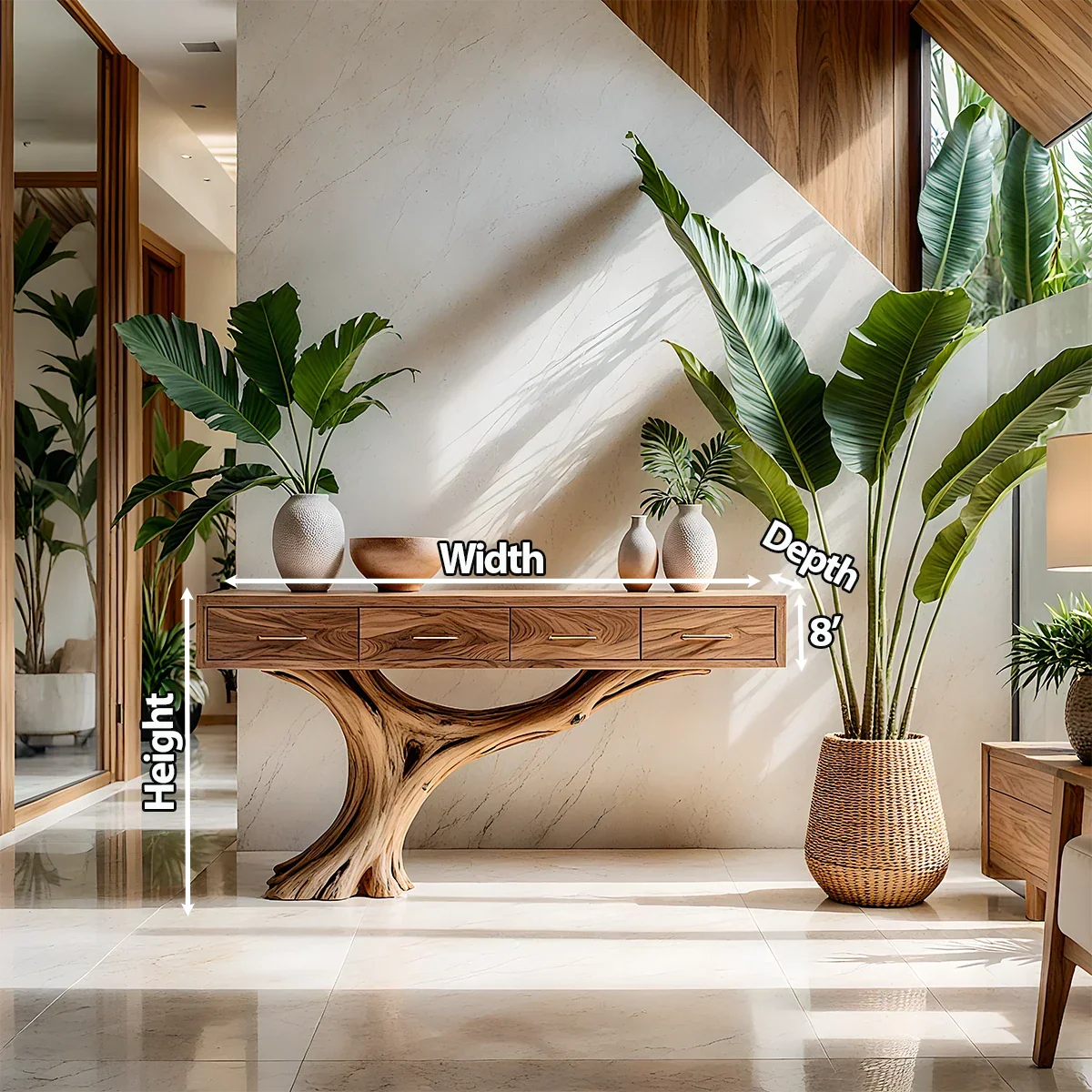 Solid Wood Console Table with Sculptural Tree-Inspired Base & Drawers - Rustira