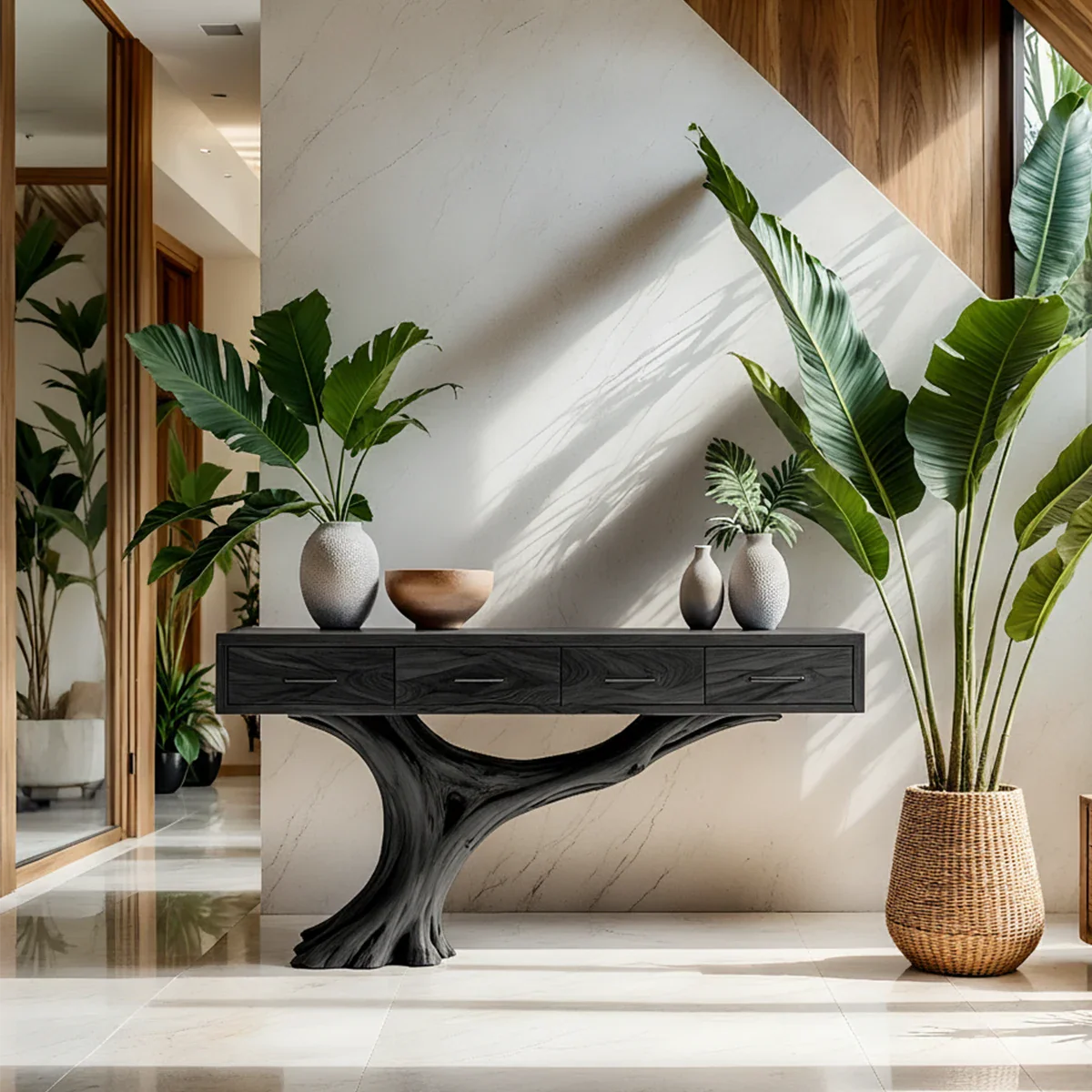 Solid Wood Console Table with Sculptural Tree-Inspired Base & Drawers - Rustira