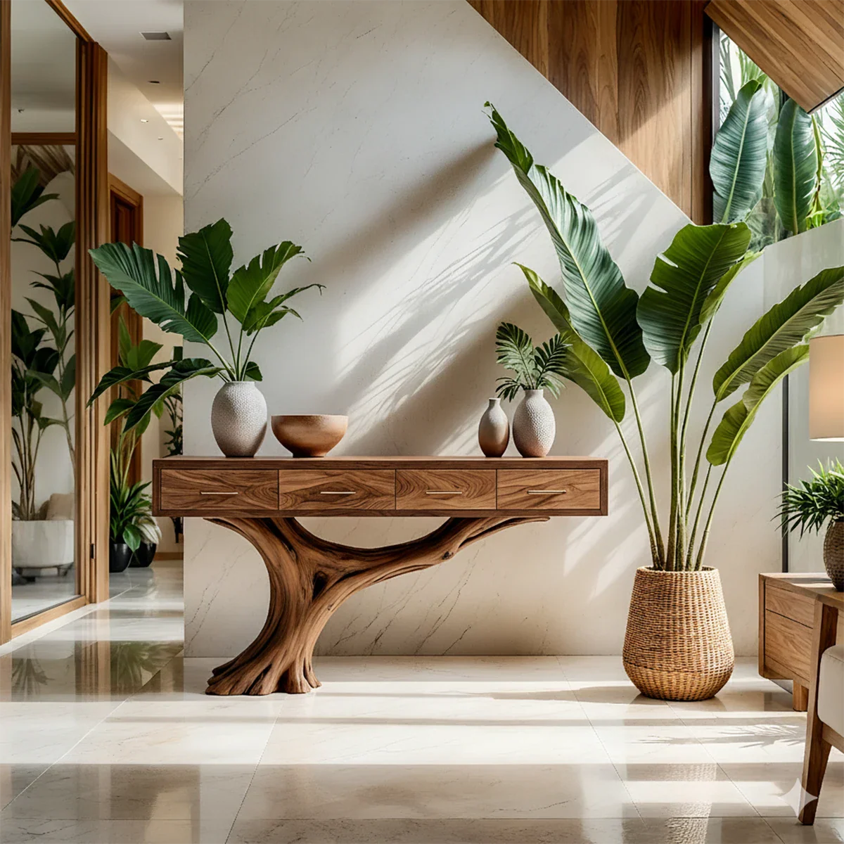 Solid Wood Console Table with Sculptural Tree-Inspired Base & Drawers - Rustira