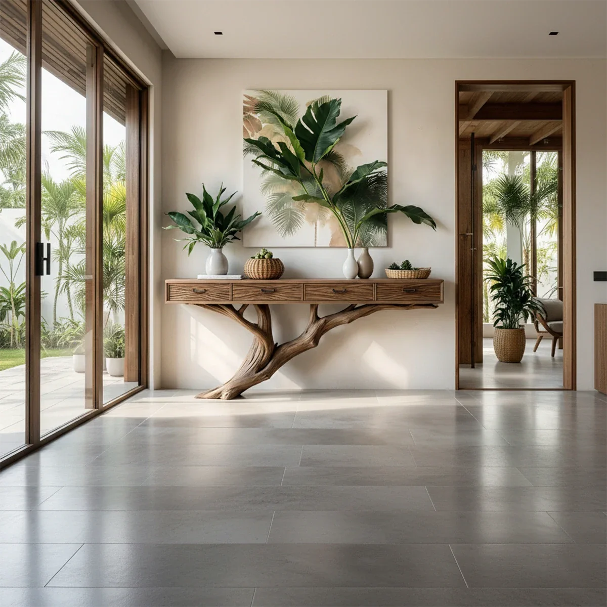 Solid Wood Console Table with Tree-Inspired Sculptural Base & Drawers - Rustira