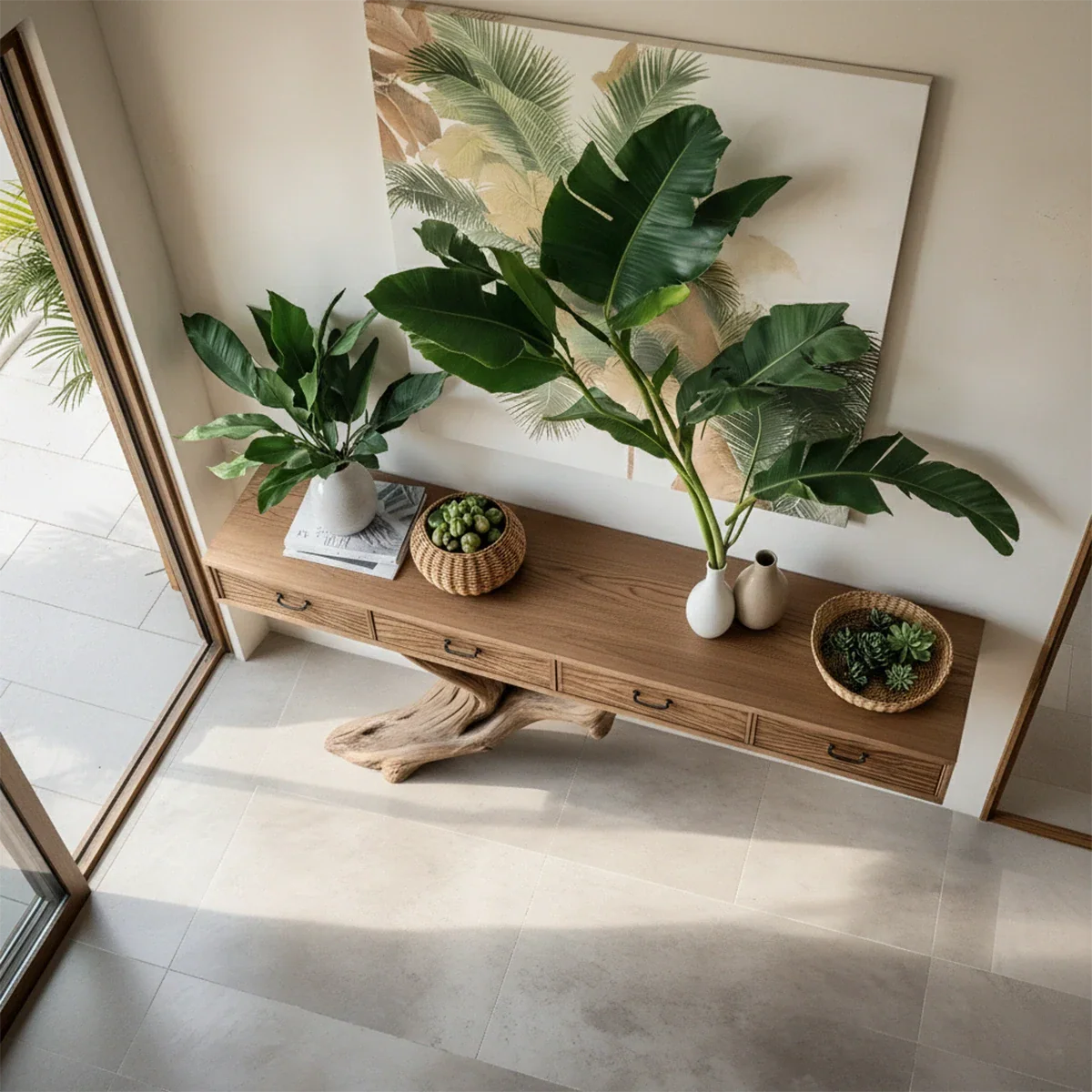Solid Wood Console Table with Tree-Inspired Sculptural Base & Drawers - Rustira