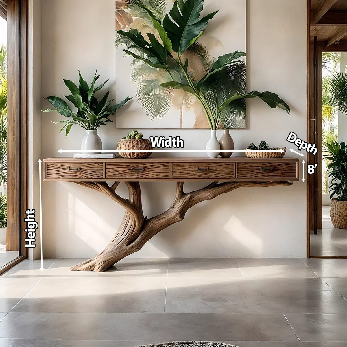 Solid Wood Console Table with Tree-Inspired Sculptural Base & Drawers - Rustira