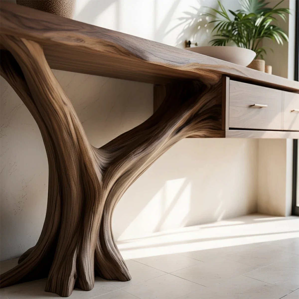 Solid Wood Console Table with Tree-Root Sculptural Base & Dual Drawers - Rustira