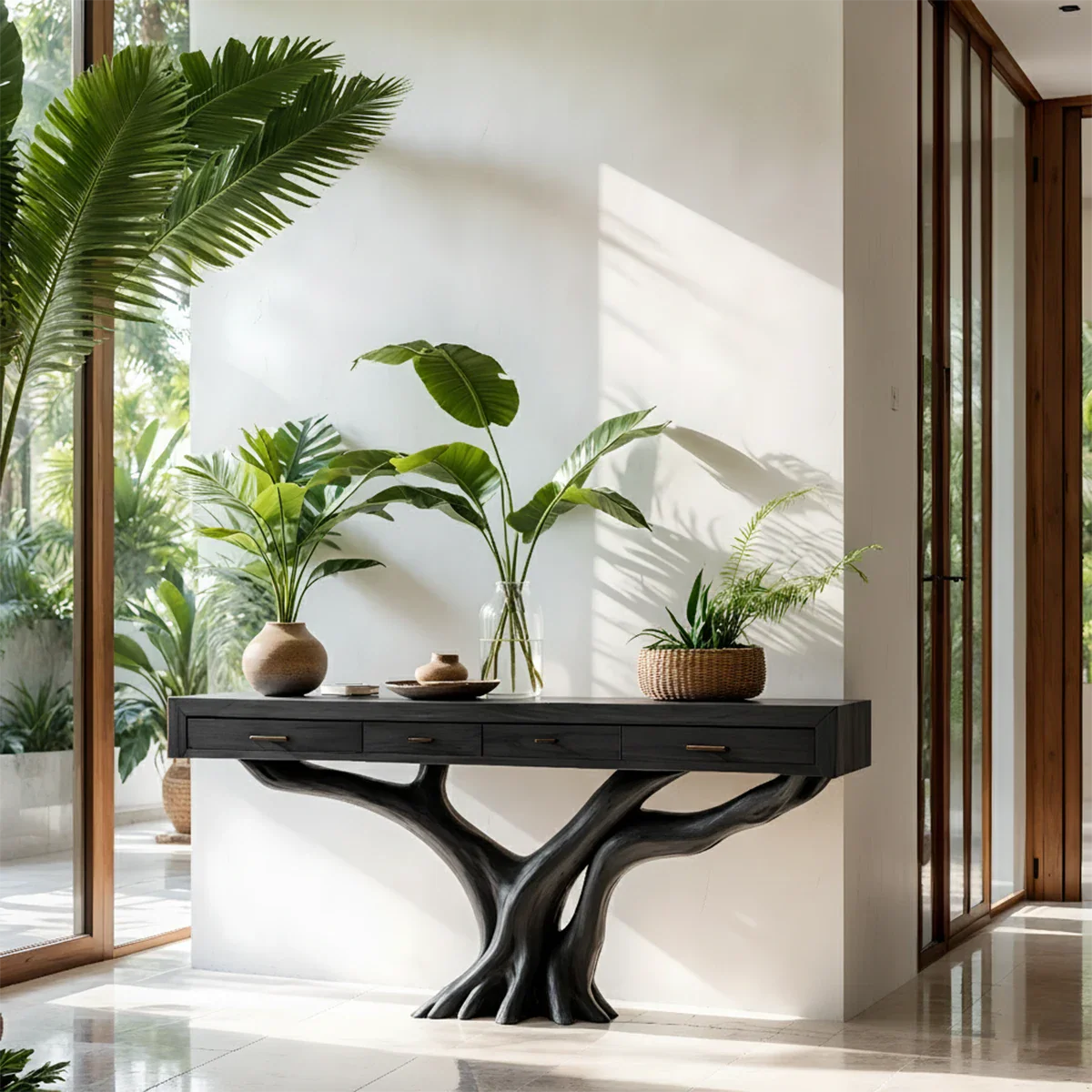 Solid Wood Console Table with Tree-Root Sculptural Base & Storage Drawers - Rustira