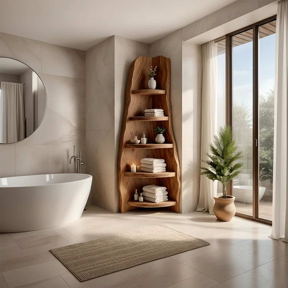 Solid Wood Corner Bathroom Shelf Tower – Live Edge Organic Design - Rustira