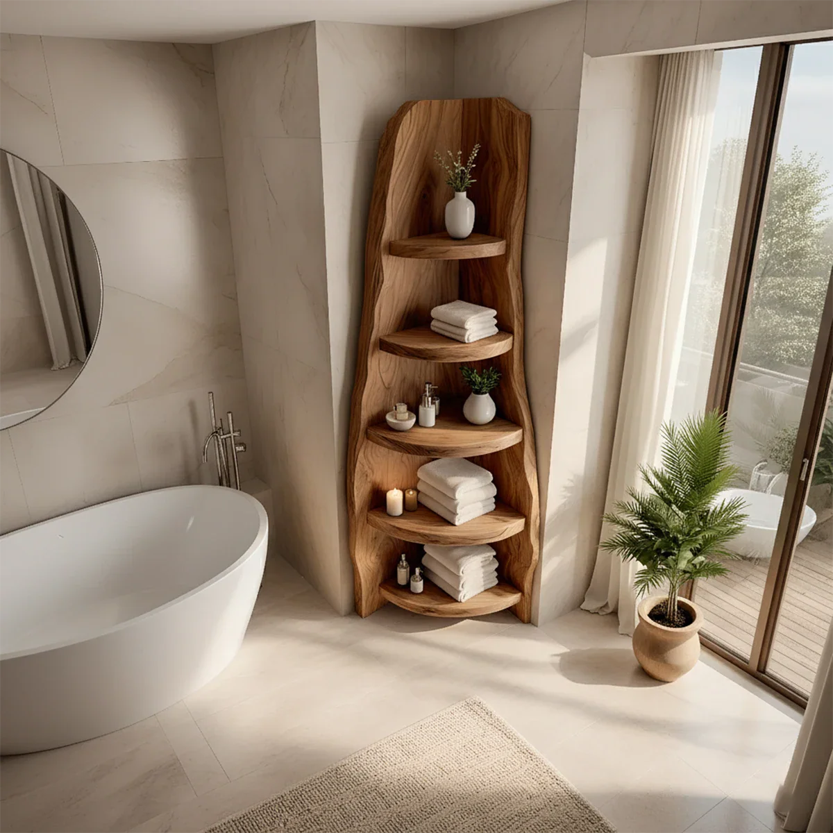 Solid Wood Corner Bathroom Shelf Tower – Live Edge Organic Design - Rustira