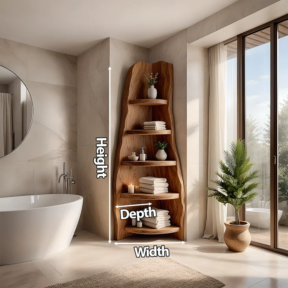 Solid Wood Corner Bathroom Shelf Tower – Live Edge Organic Design - Rustira