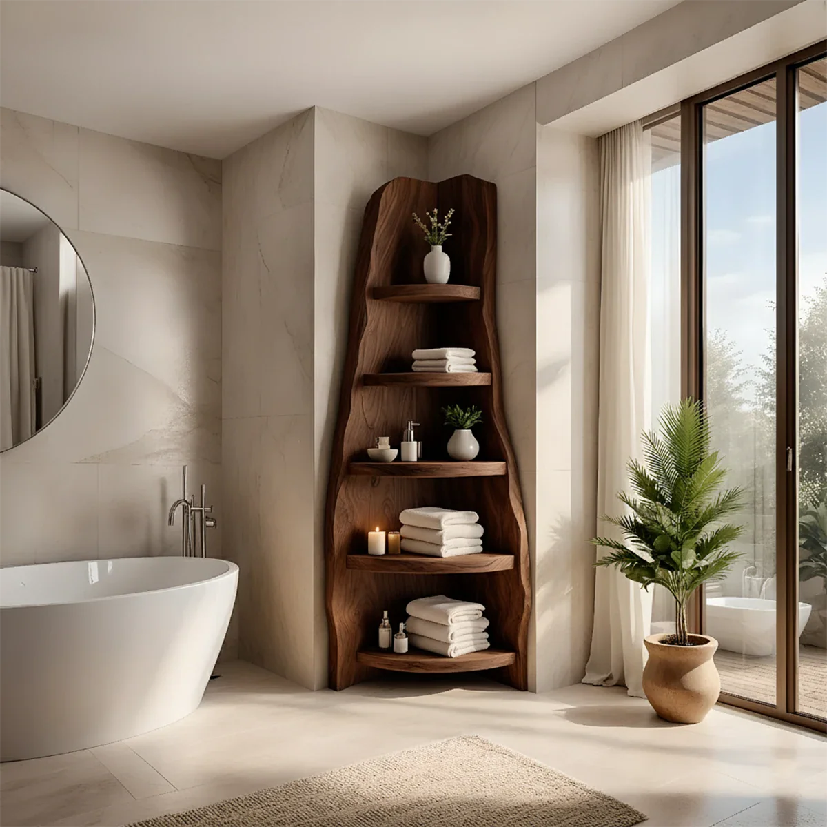 Solid Wood Corner Bathroom Shelf Tower – Live Edge Organic Design - Rustira