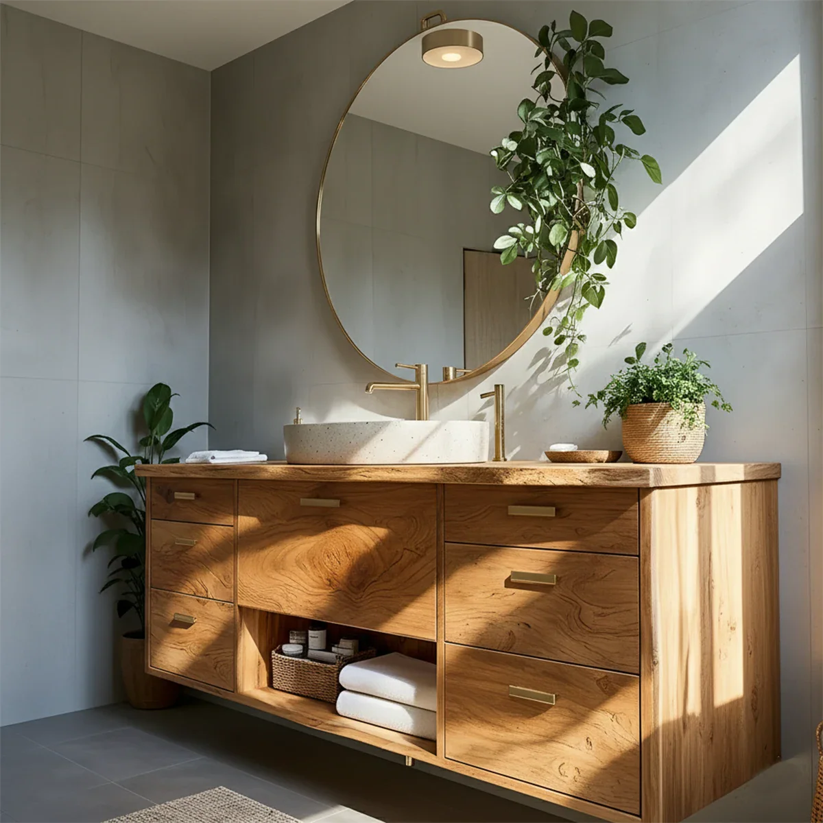 Solid Wood Double Floating Vanity with Stone Basin - Rustira