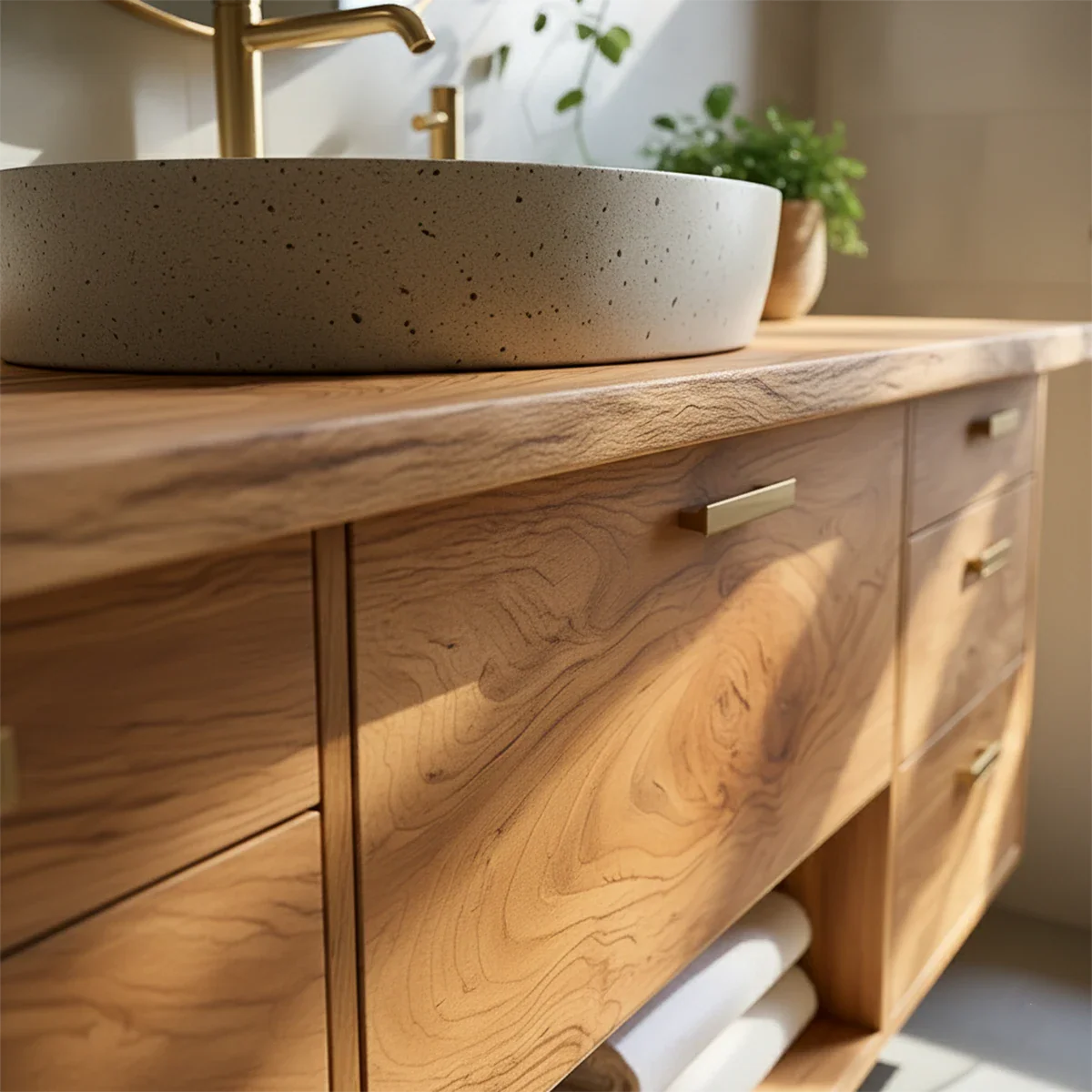 Solid Wood Double Floating Vanity with Stone Basin - Rustira