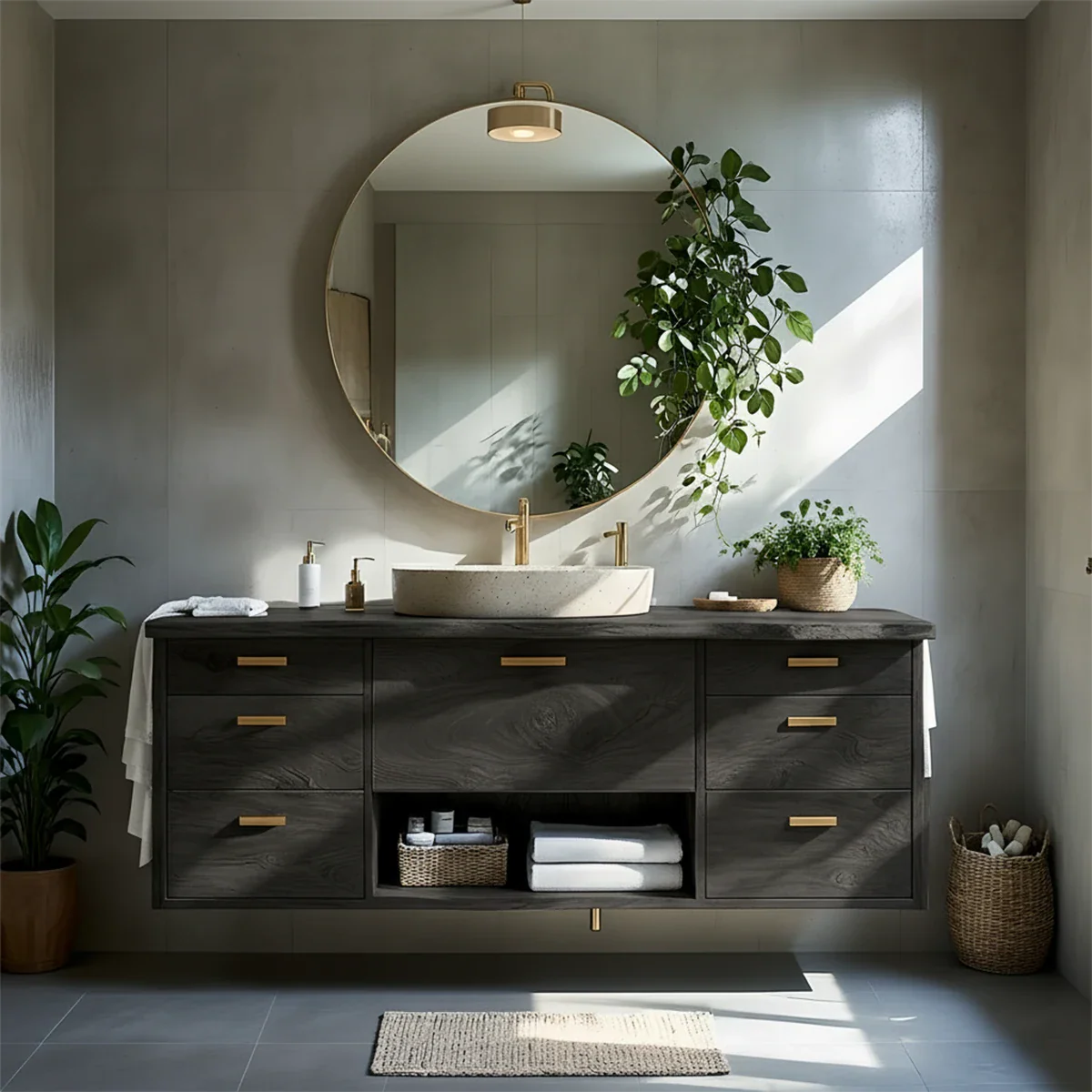 Solid Wood Double Floating Vanity with Stone Basin - Rustira