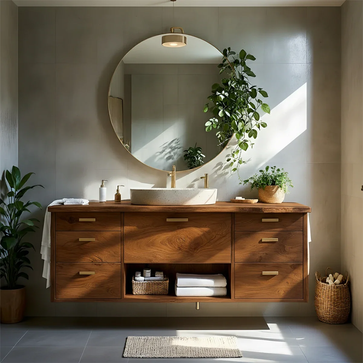 Solid Wood Double Floating Vanity with Stone Basin - Rustira