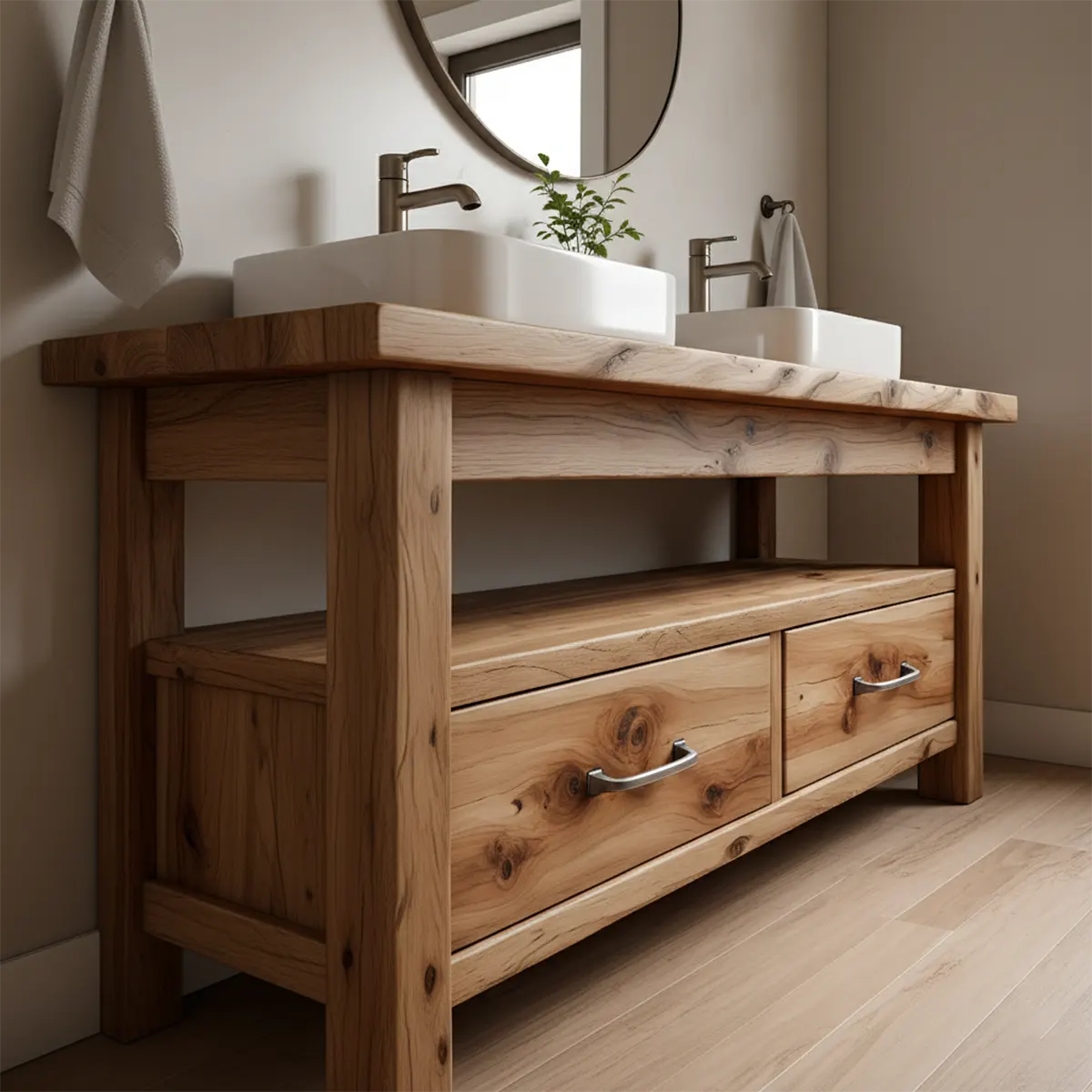 Solid Wood Double Sink Farmhouse Bathroom Vanity with Storage Drawers - Rustira