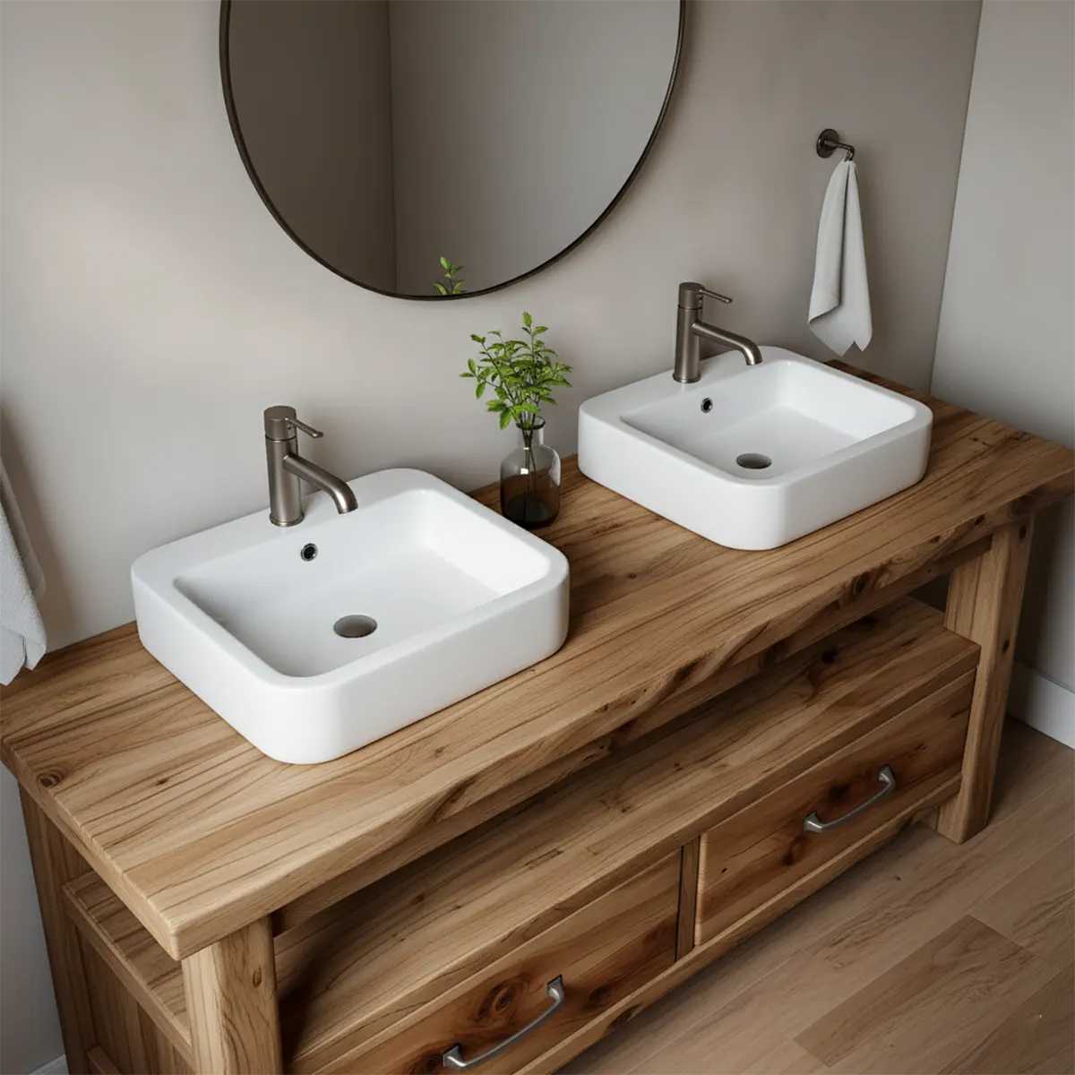 Solid Wood Double Sink Farmhouse Bathroom Vanity with Storage Drawers - Rustira