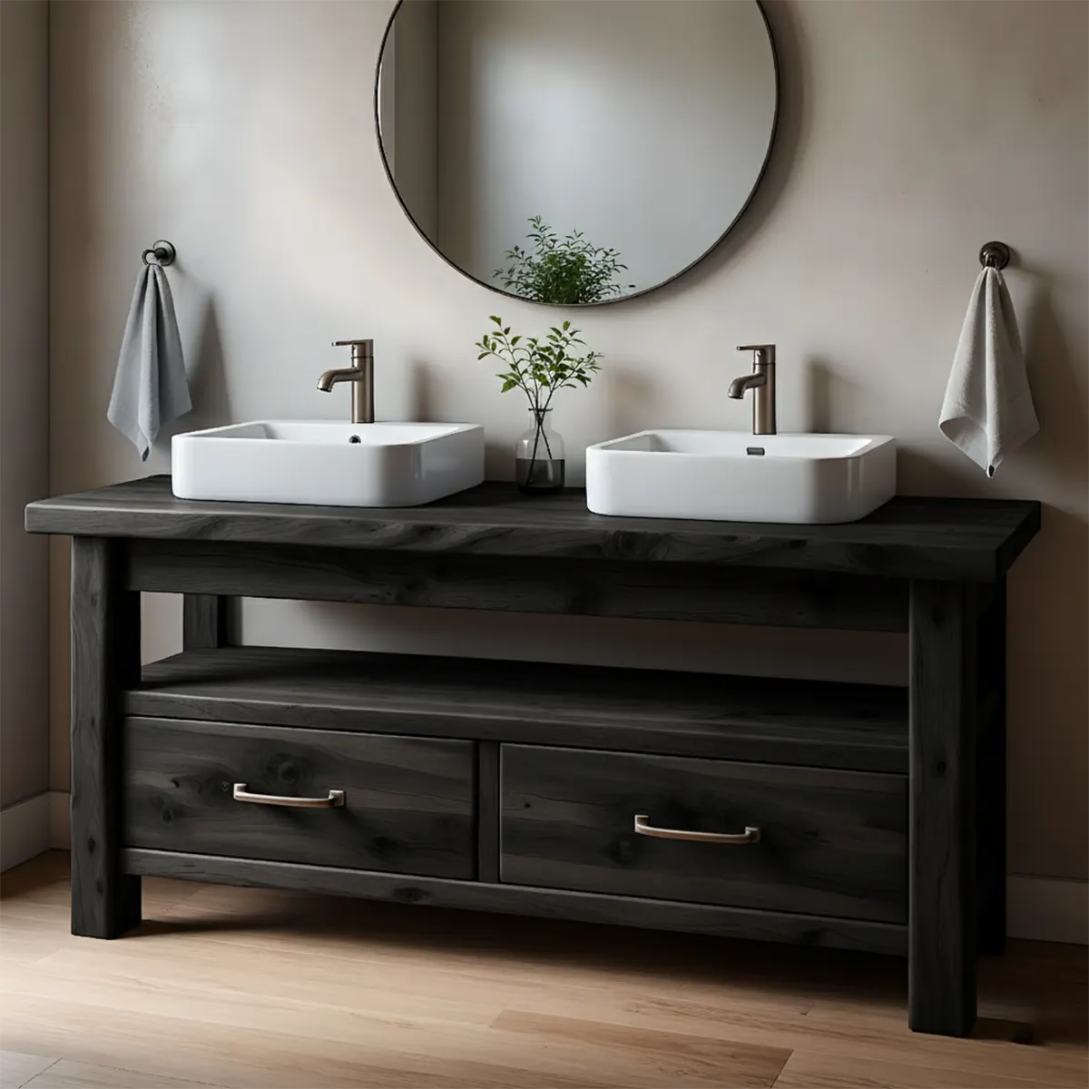 Solid Wood Double Sink Farmhouse Bathroom Vanity with Storage Drawers - Rustira