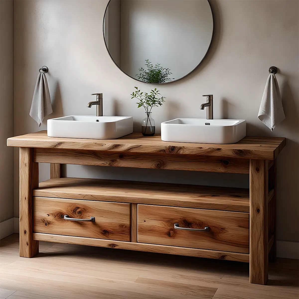 Solid Wood Double Sink Farmhouse Bathroom Vanity with Storage Drawers - Rustira