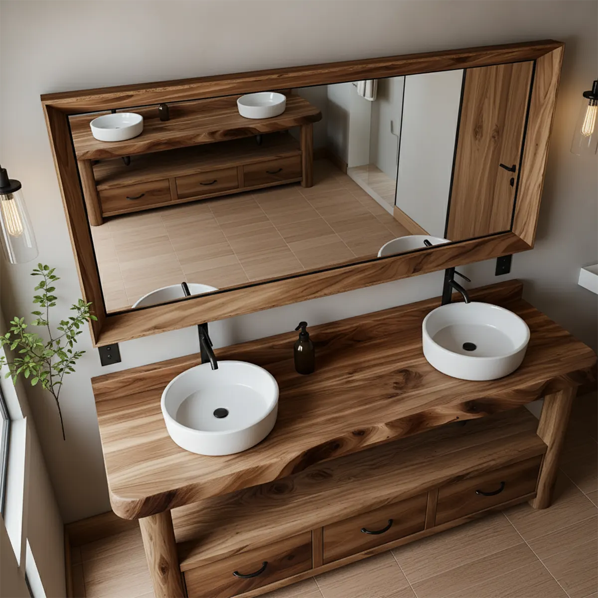 Solid Wood Double Sink Rustic Bathroom Vanity With Live Edge - Rustira