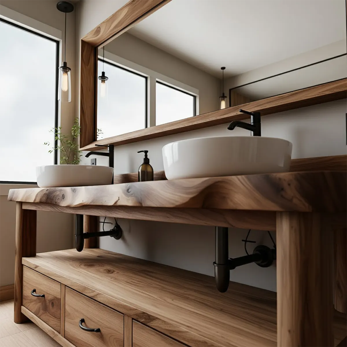 Solid Wood Double Sink Rustic Bathroom Vanity With Live Edge - Rustira