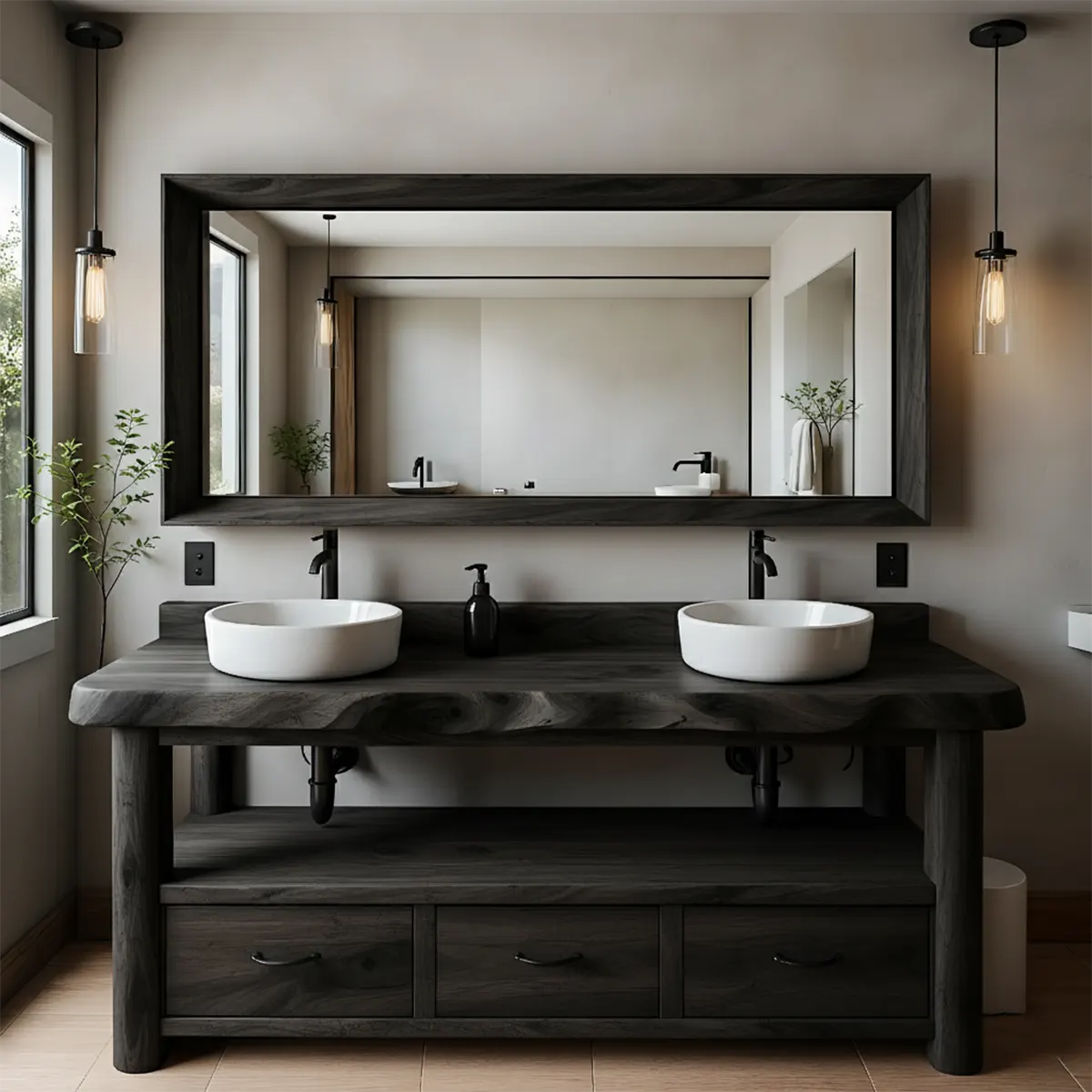 Solid Wood Double Sink Rustic Bathroom Vanity With Live Edge - Rustira