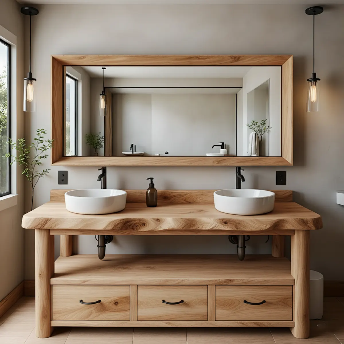 Solid Wood Double Sink Rustic Bathroom Vanity With Live Edge - Rustira