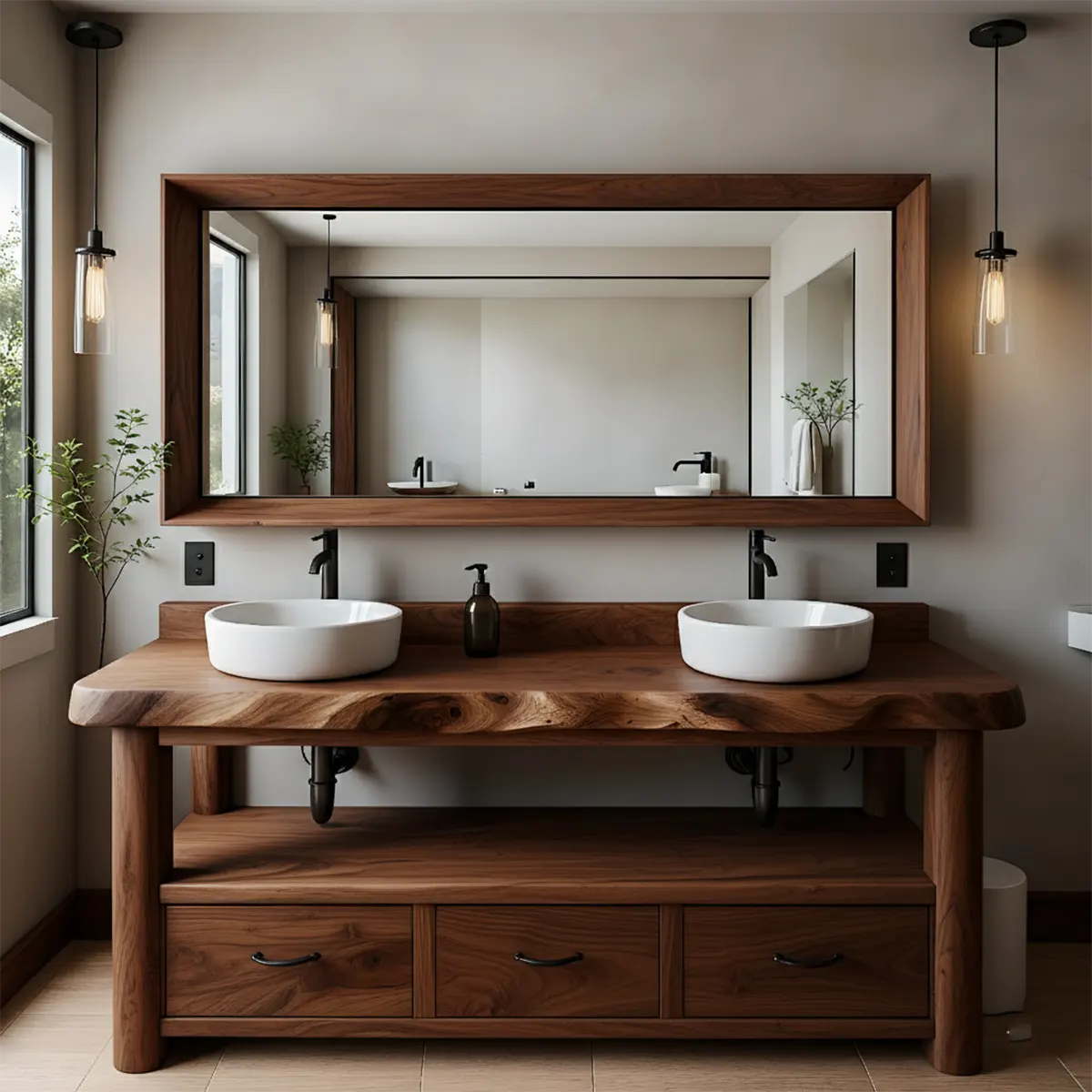 Solid Wood Double Sink Rustic Bathroom Vanity With Live Edge - Rustira