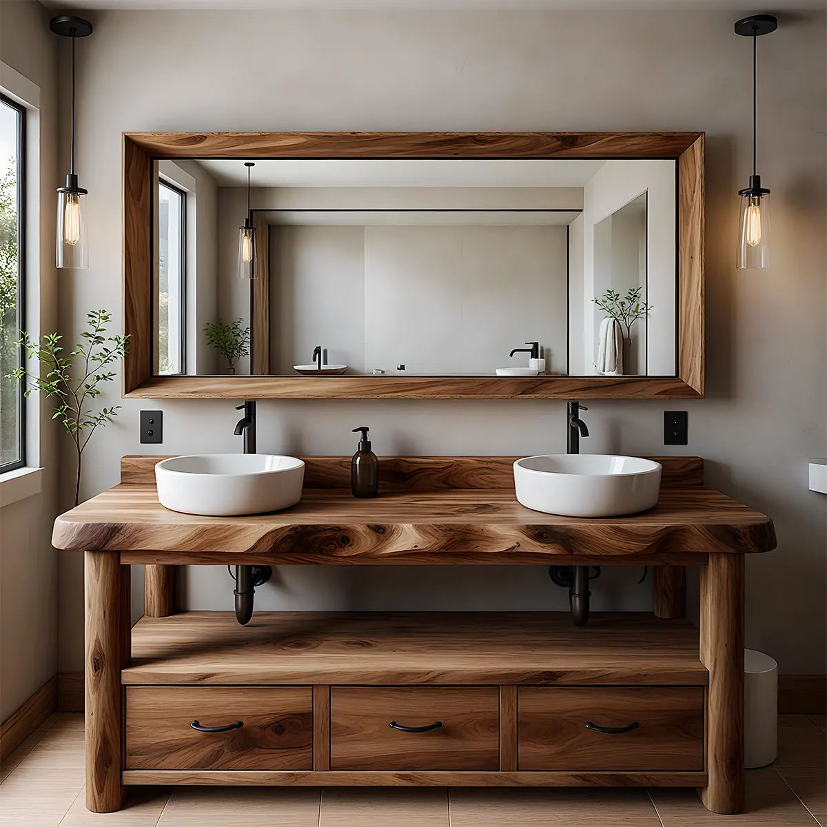 Solid Wood Double Sink Rustic Bathroom Vanity With Live Edge - Rustira