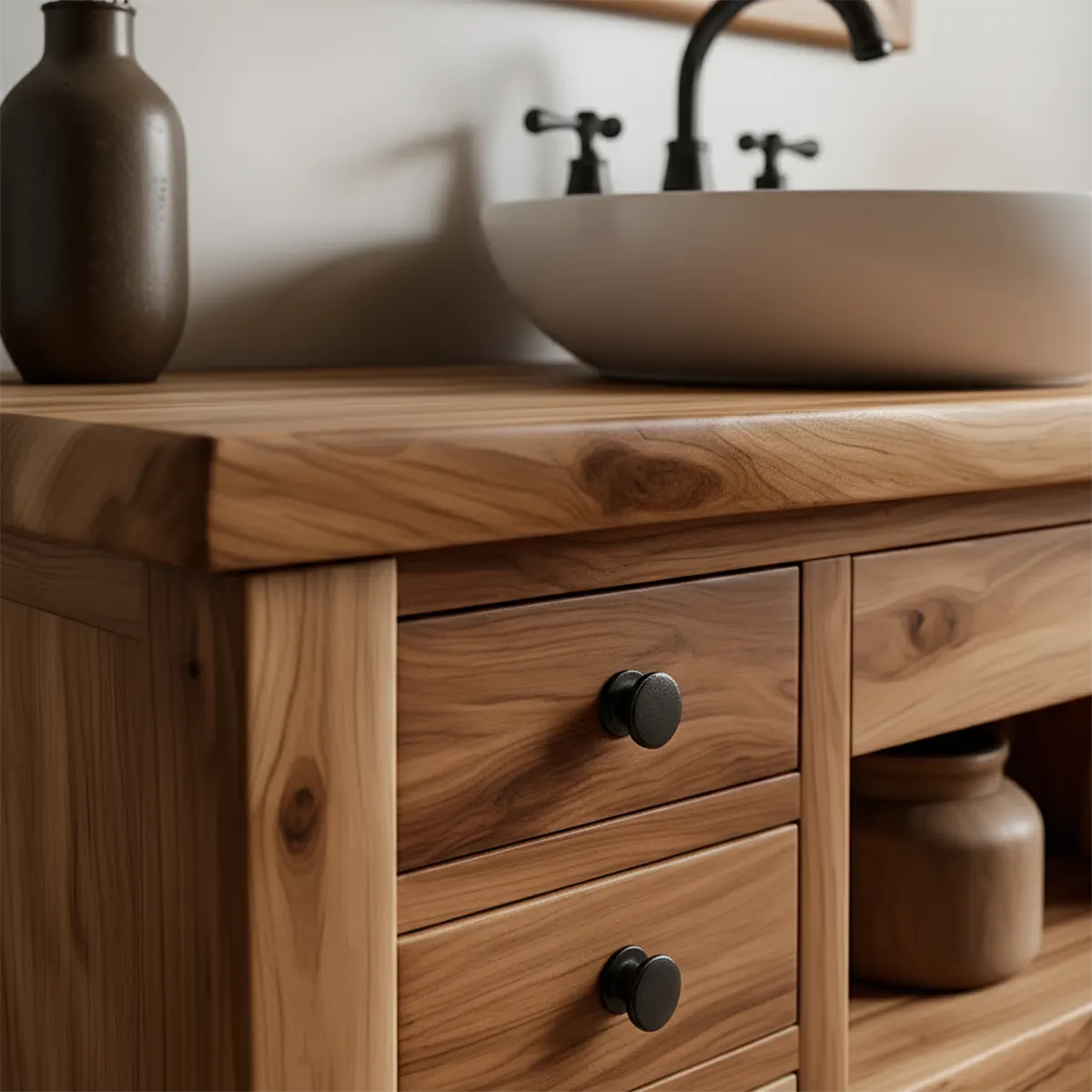 Solid Wood Farmhouse Bathroom Vanity with Drawers & Open Shelf - Rustira