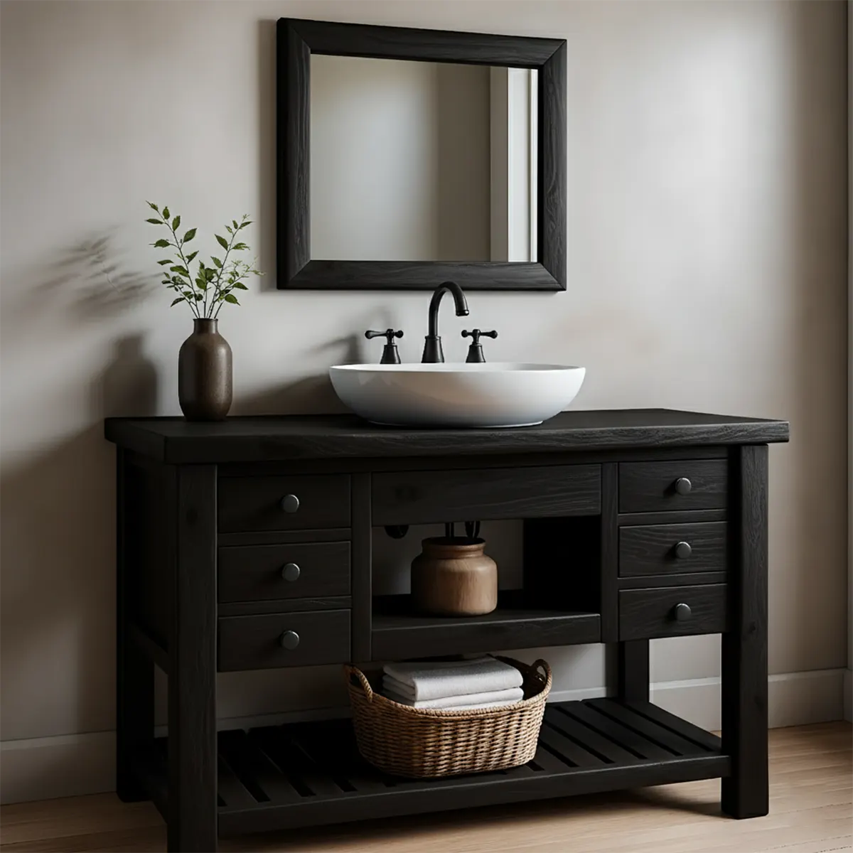 Solid Wood Farmhouse Bathroom Vanity with Drawers & Open Shelf - Rustira