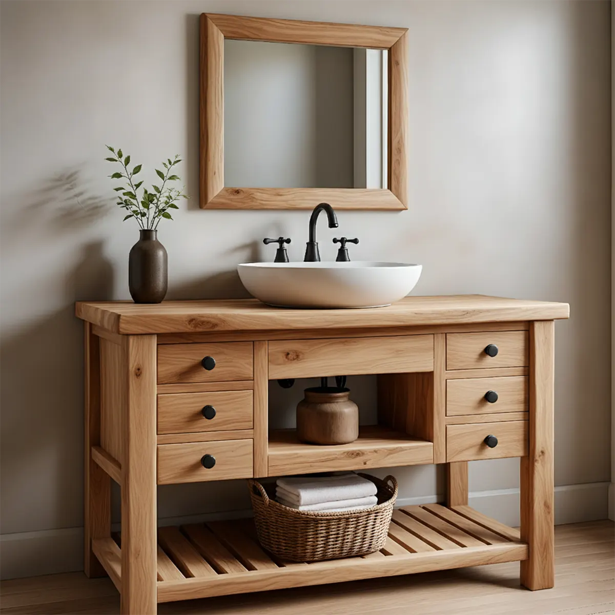 Solid Wood Farmhouse Bathroom Vanity with Drawers & Open Shelf - Rustira