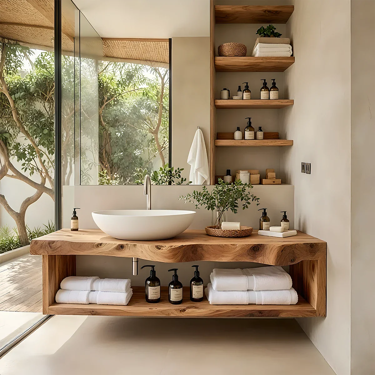 Solid Wood Floating Vanity with Shelf – Japandi Natural Spa Bathroom Console - Rustira