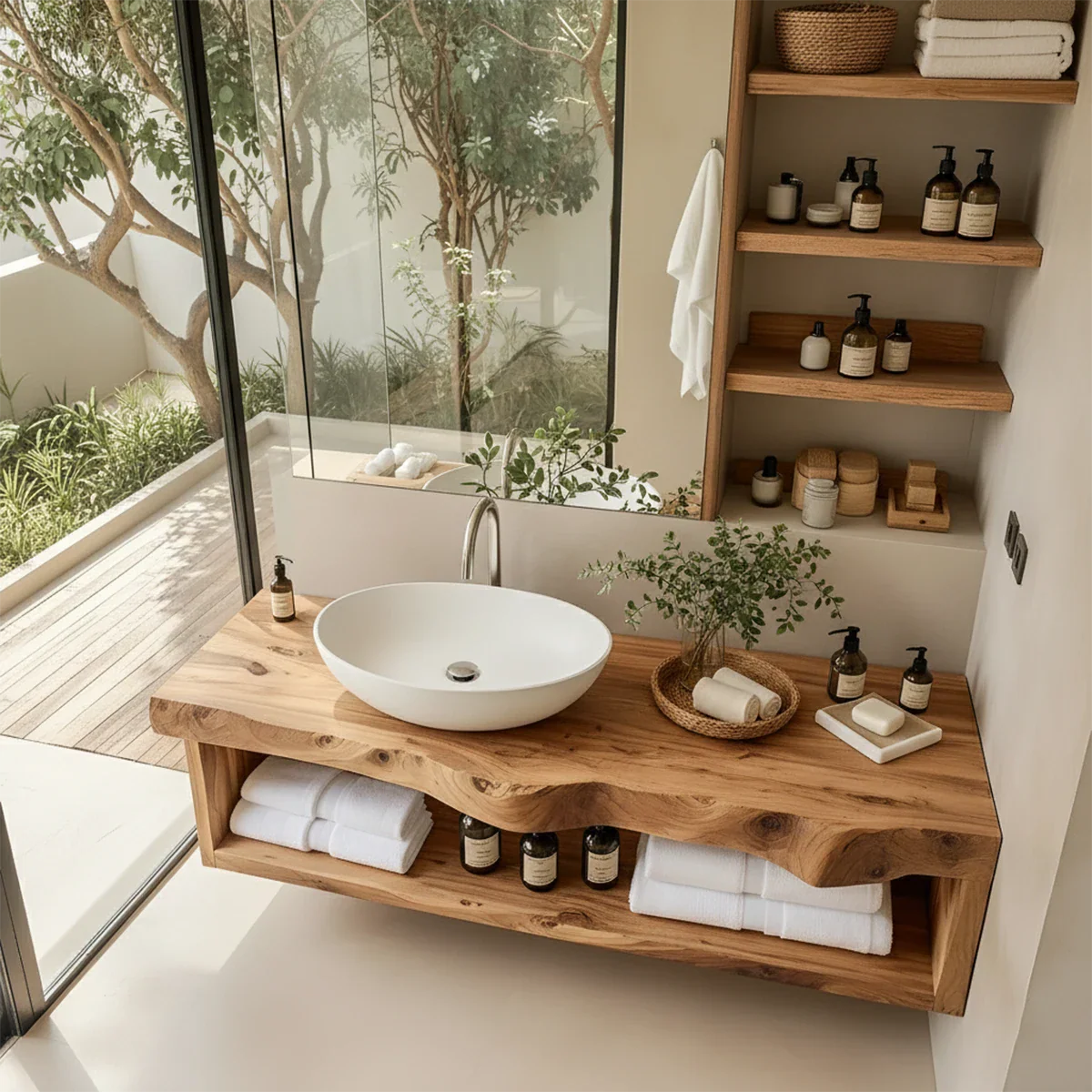 Solid Wood Floating Vanity with Shelf – Japandi Natural Spa Bathroom Console - Rustira