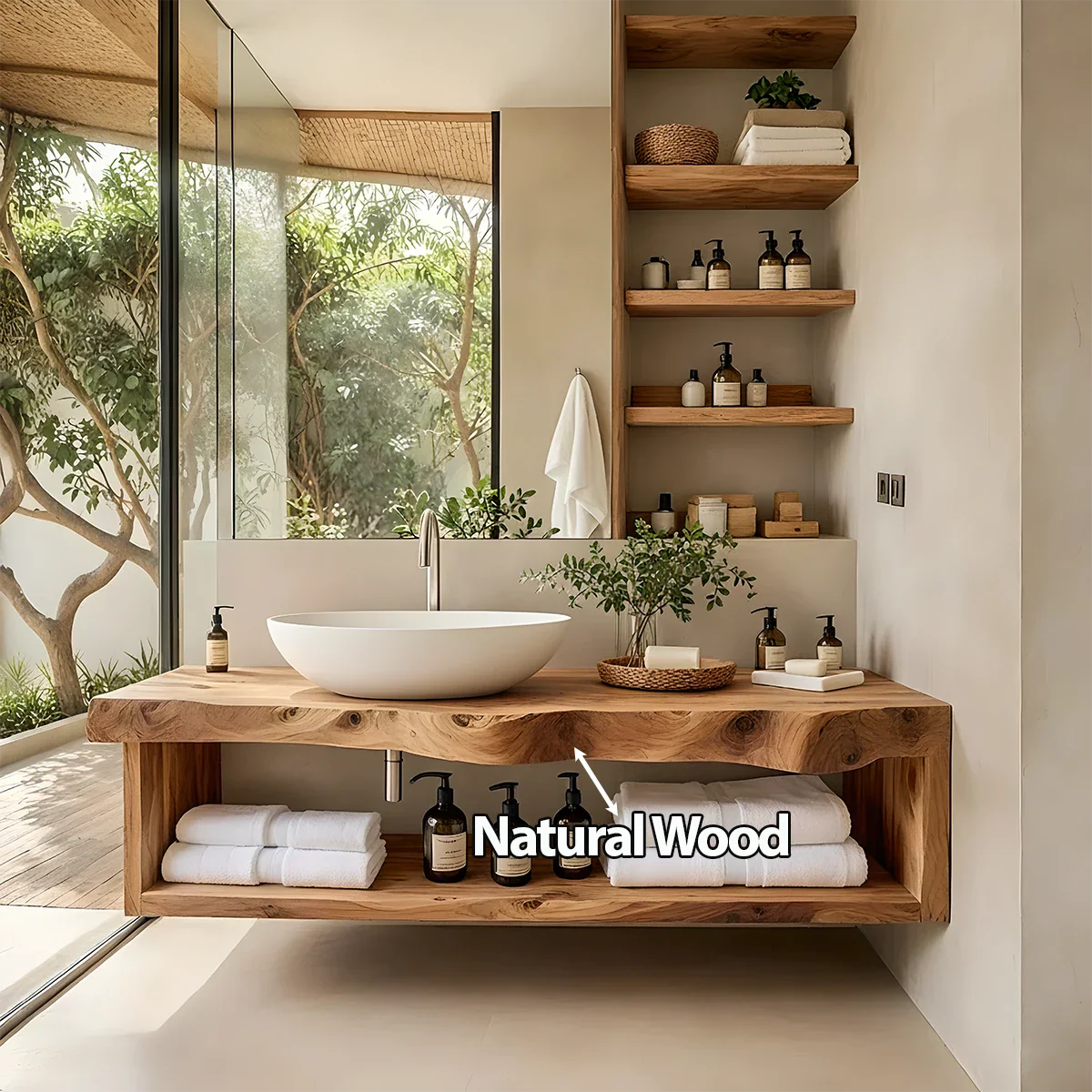 Solid Wood Floating Vanity with Shelf – Japandi Natural Spa Bathroom Console - Rustira