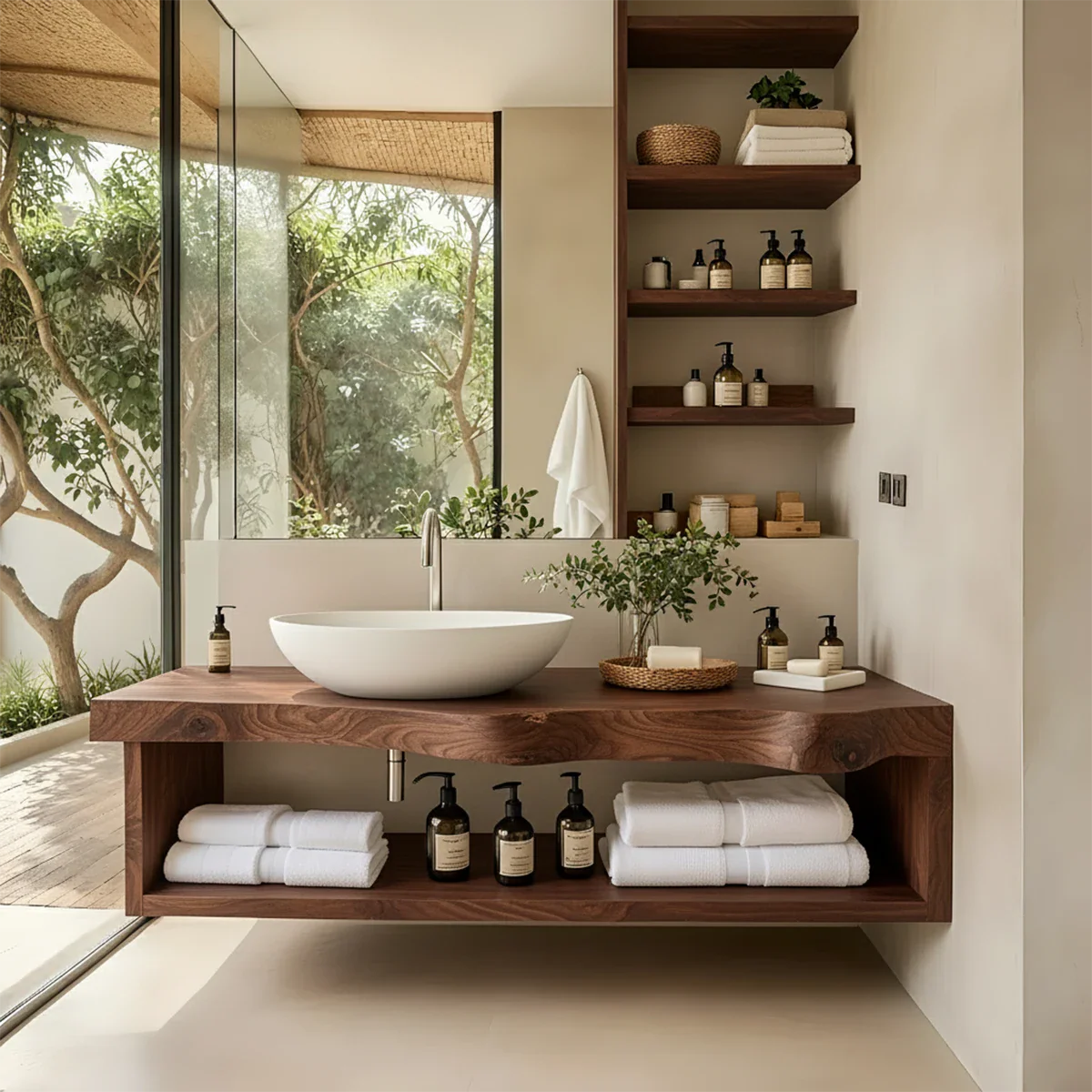 Solid Wood Floating Vanity with Shelf – Japandi Natural Spa Bathroom Console - Rustira