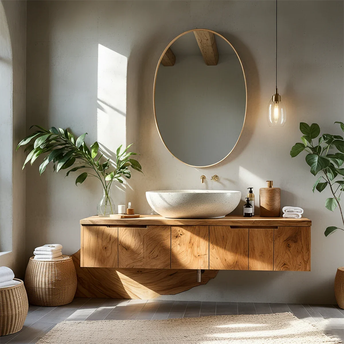 Solid Wood Floating Vanity with Stone Basin - Rustira