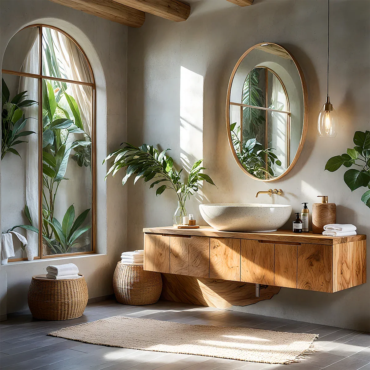 Solid Wood Floating Vanity with Stone Basin - Rustira