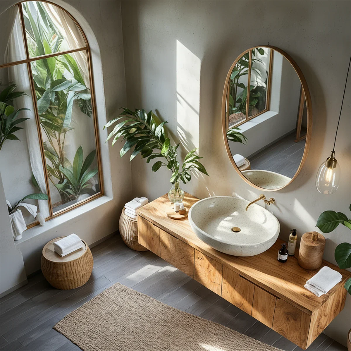 Solid Wood Floating Vanity with Stone Basin - Rustira