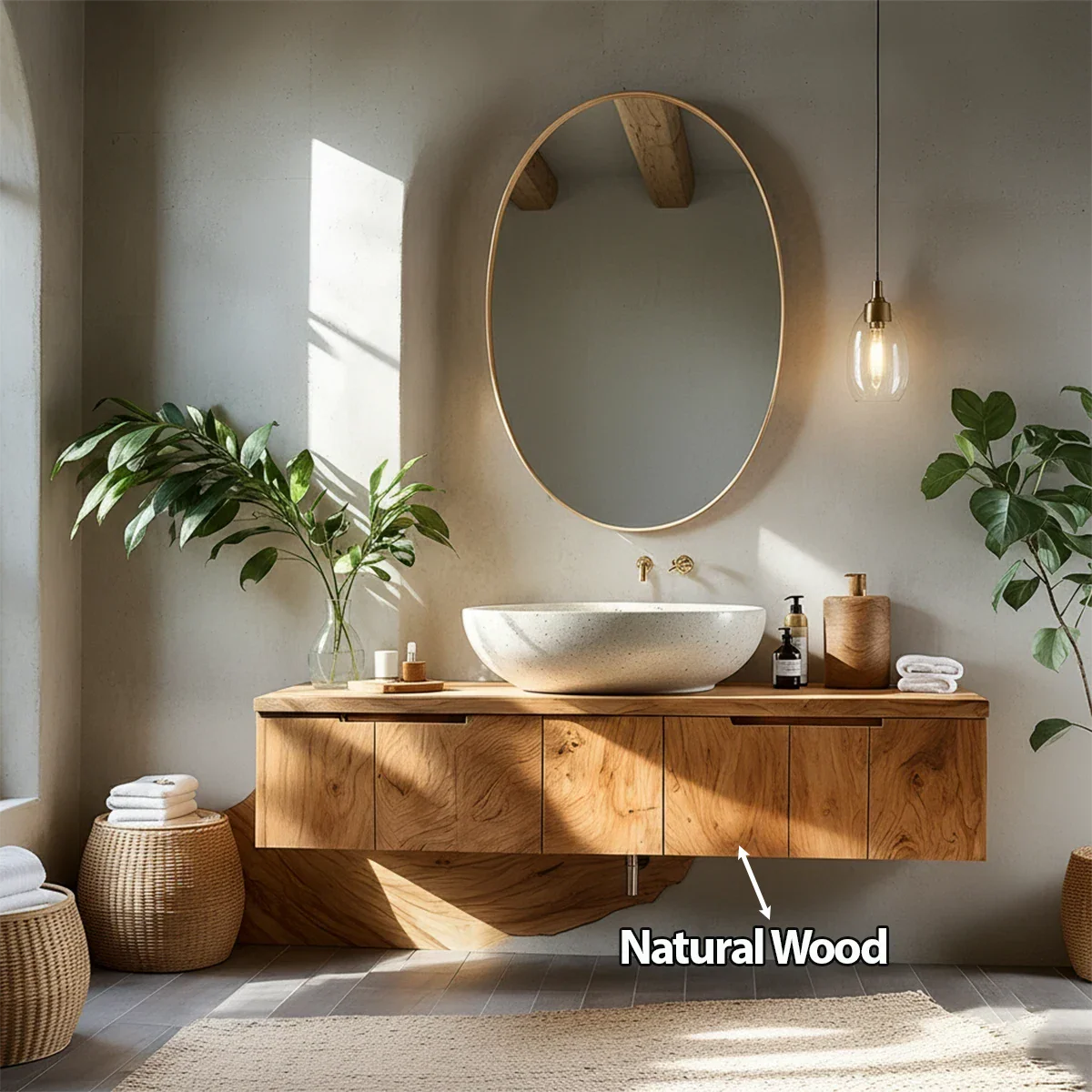 Solid Wood Floating Vanity with Stone Basin - Rustira