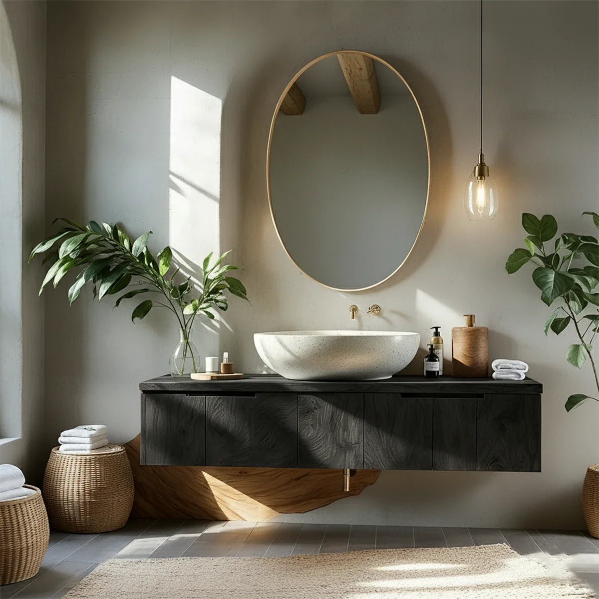 Solid Wood Floating Vanity with Stone Basin - Rustira