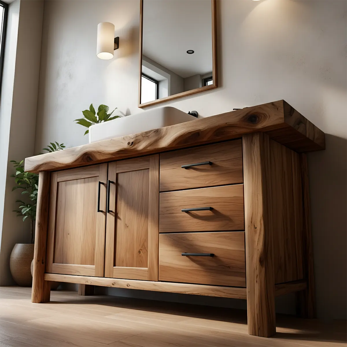 Solid Wood Live Edge Bathroom Vanity with Cabinet & Drawers - Rustira
