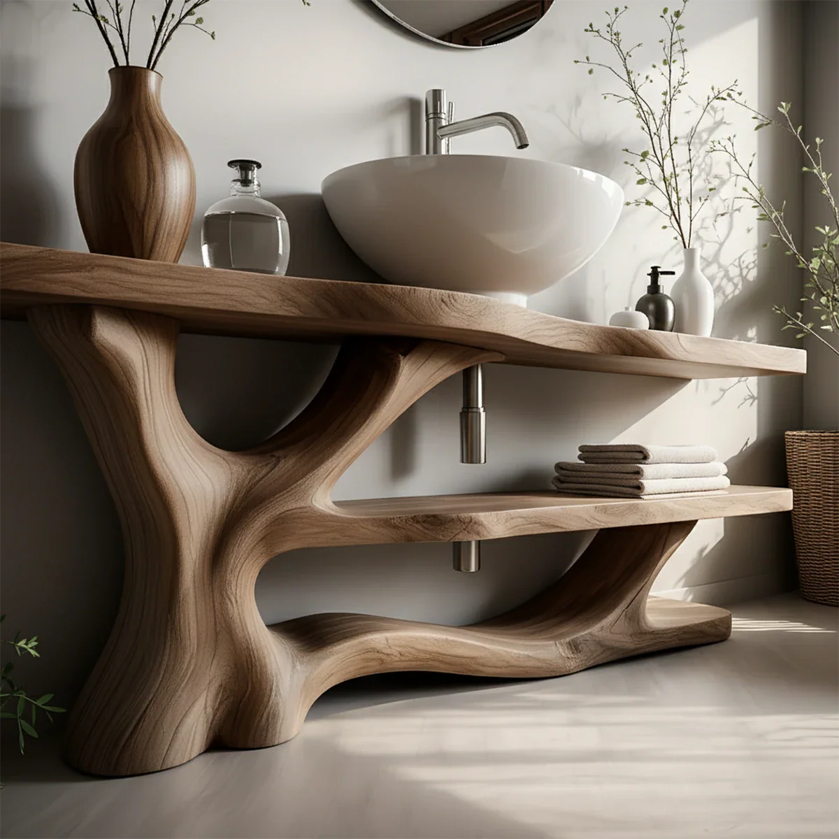 Solid Wood Sculptural Bathroom Vanity with Organic Dual Shelves - Rustira
