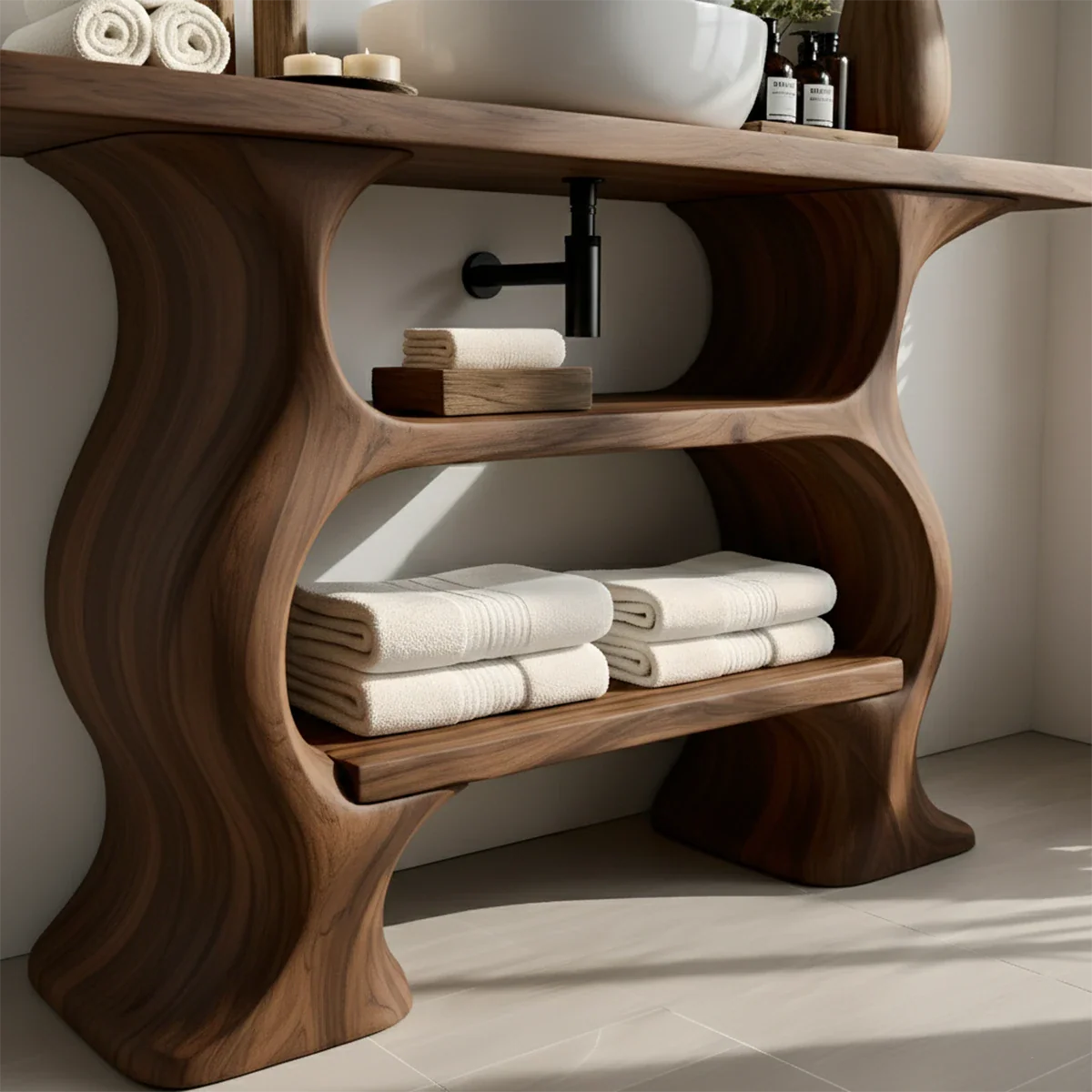 Solid Wood Sculptural Bathroom Vanity with Dual Storage Shelves - Rustira