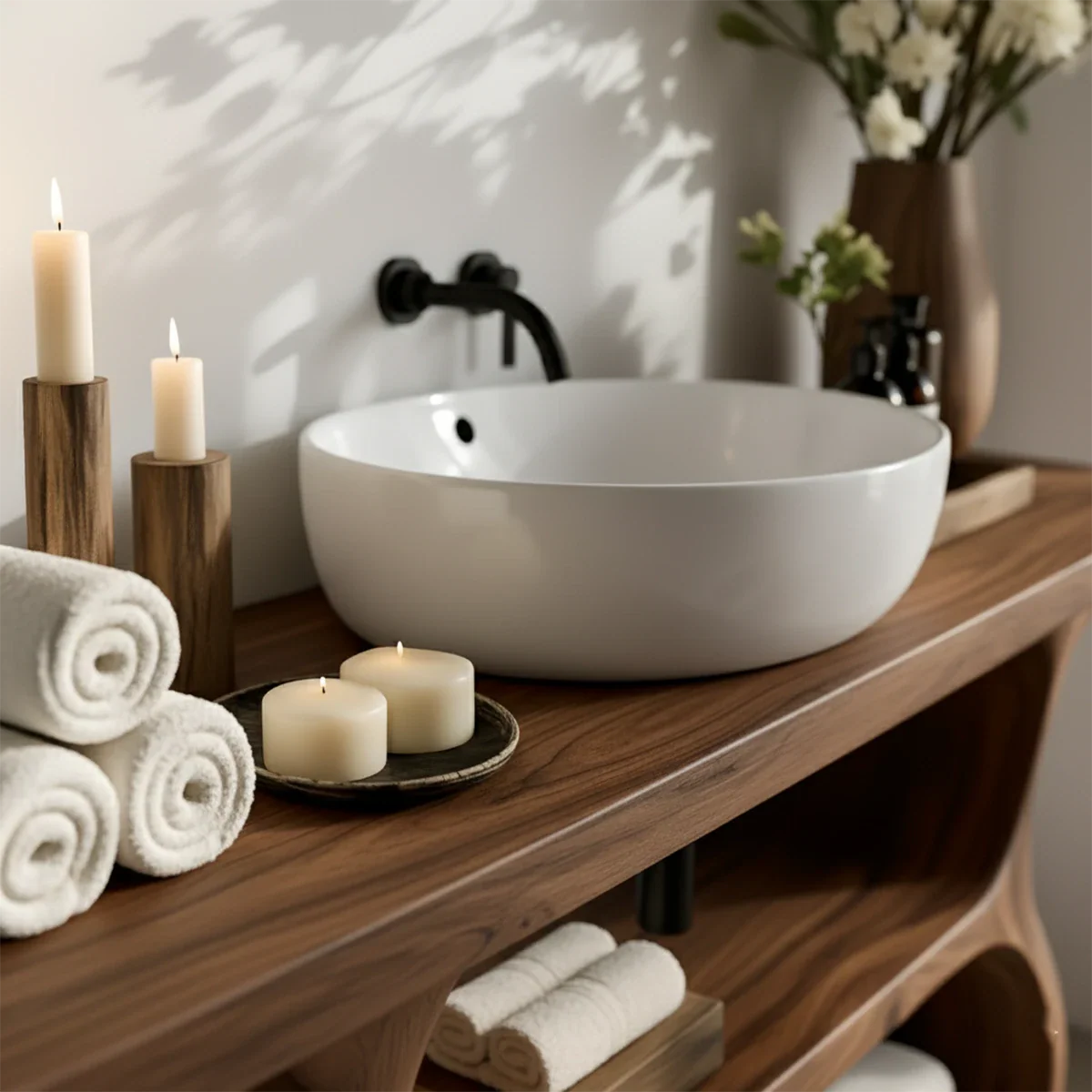 Solid Wood Sculptural Bathroom Vanity with Dual Storage Shelves - Rustira