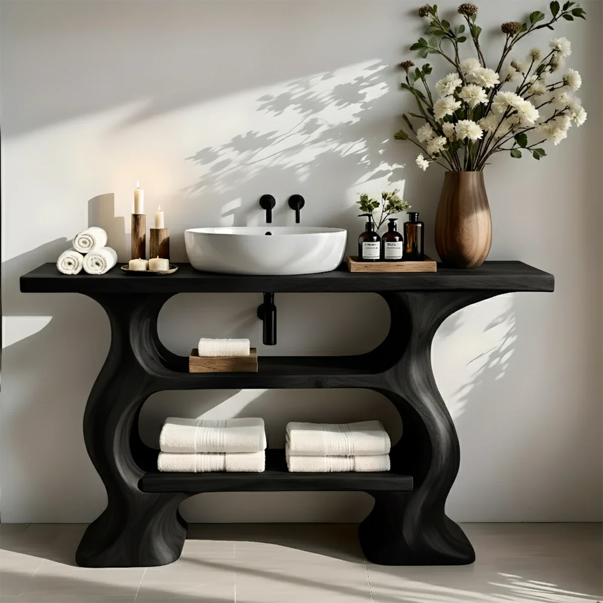 Solid Wood Sculptural Bathroom Vanity with Dual Storage Shelves - Rustira