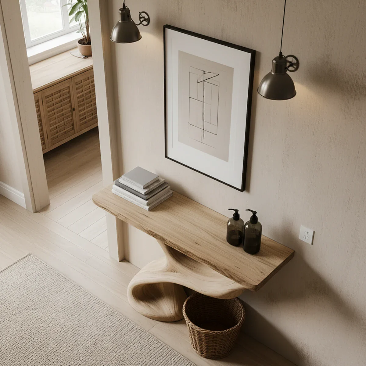 Solid Wood Sculptural Console Table – Organic Flow Form - Rustira