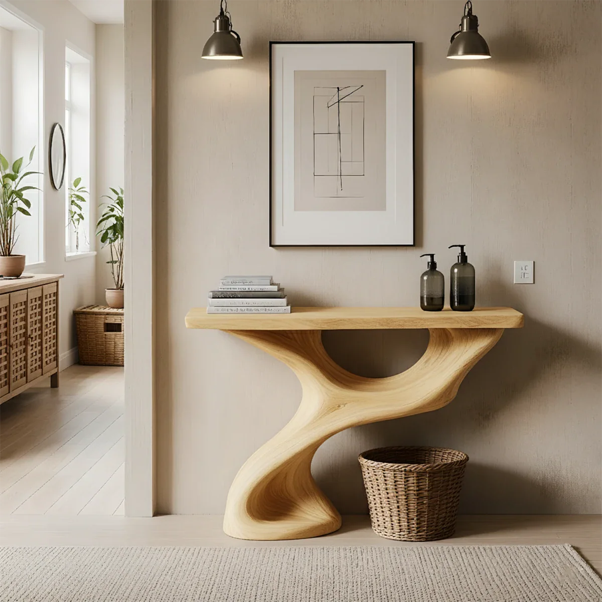 Solid Wood Sculptural Console Table – Organic Flow Form - Rustira